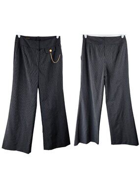 Escada Wide Leg Work Pants 36 Silk Wool Black Pinstripe Chain Detail Y2K Preppy